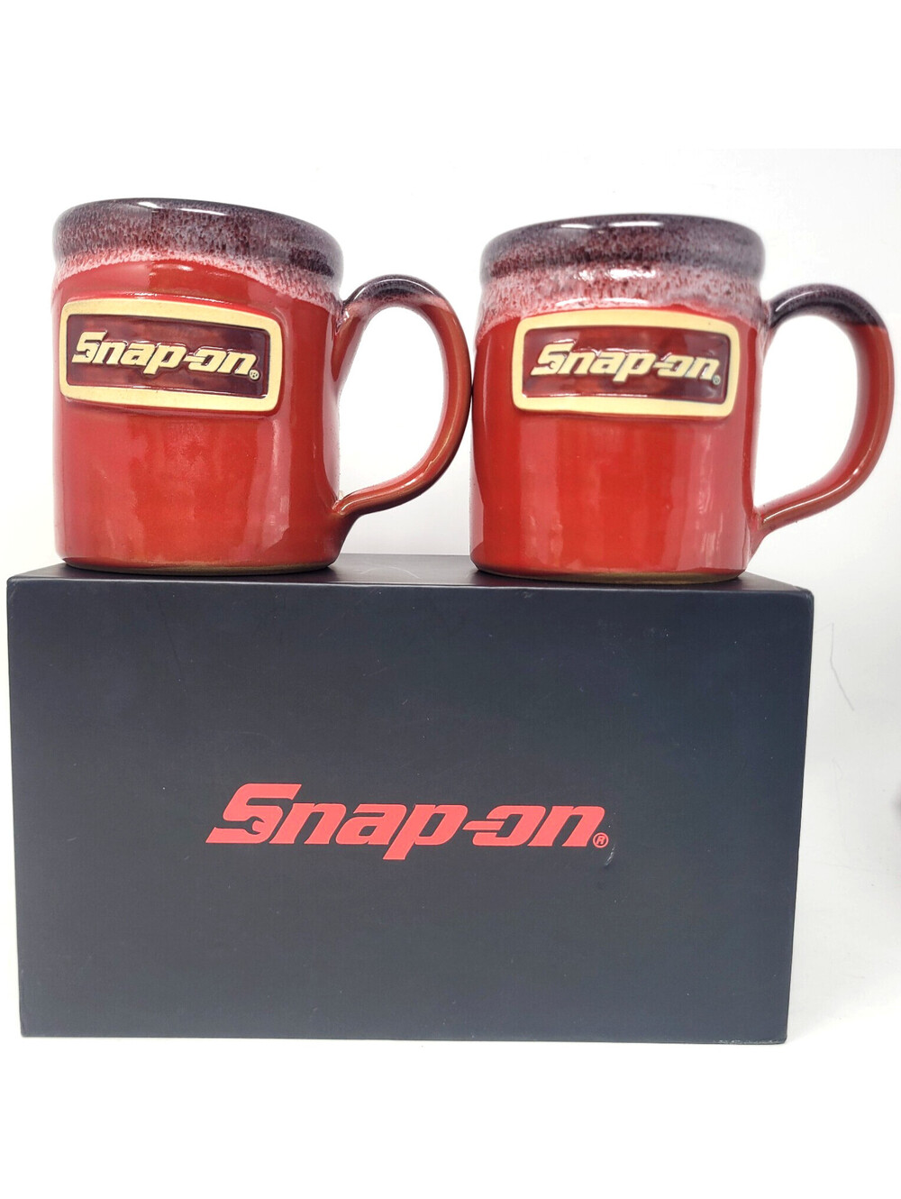 Snap-on Deneen Pottery Coffee Mug Set of 2 Red Drip Glaze Handmade USA 2023 Box
